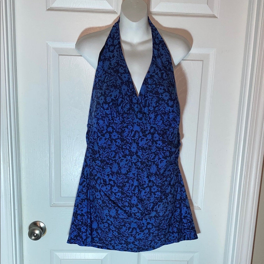 L.L. Bean Navy Floral Halter SwimSuit Swim dress Size 18 D Cup